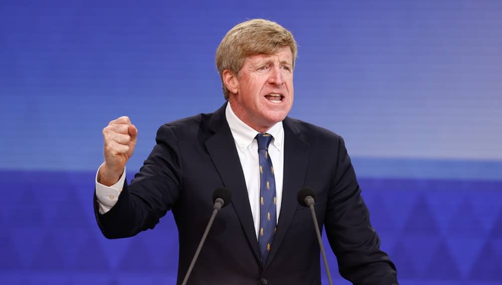 Former US Congressman Patrick Kennedy addresses the 2025 Free Iran Rally in Brussels on September 6, 2025