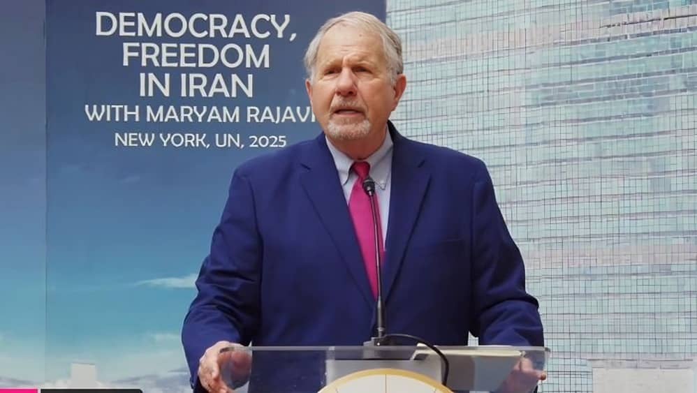 Former Congressman Judge Ted Poe addresses a major rally in NYC on September 23, 2025