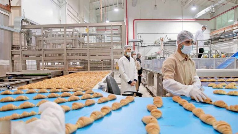 Workers at a bakery production line in Iran inspect pastries as they move along the conveyor belt inside a food processing plant