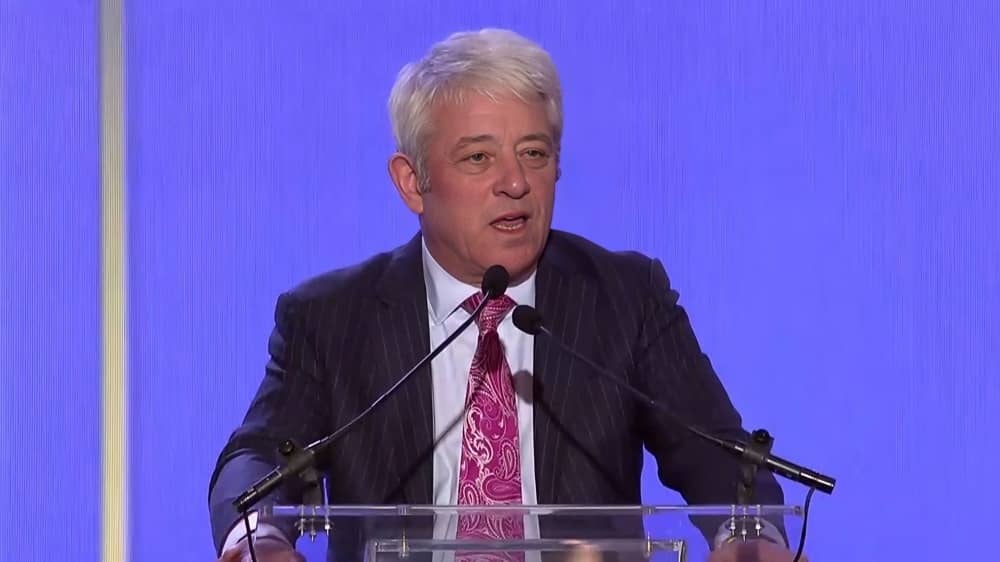 Former UK Parliament Speaker John Bercow addresses the Free Iran Convention 2025 in Washington D.C. on November 15, 2025