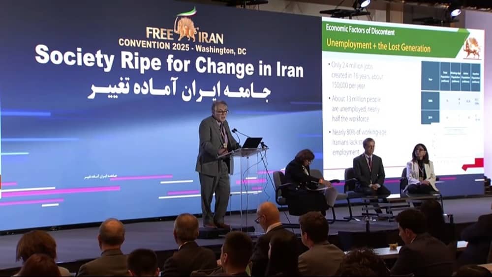 Kazem Kazerounian, former Dean of UConn College of Engineering, addresses the first panel of the Free Iran Convention 2025 in Washington D.C. on November 15, 2025