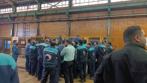 Shadgan, southern Iran — Dec 9, 2025: Steel workers enter day three of their strike, chanting “Two years of promises, zero action!”