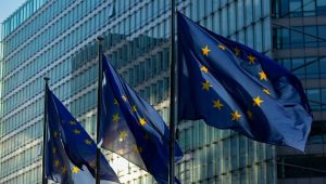 European Union flags flying in Brussels, Belgium