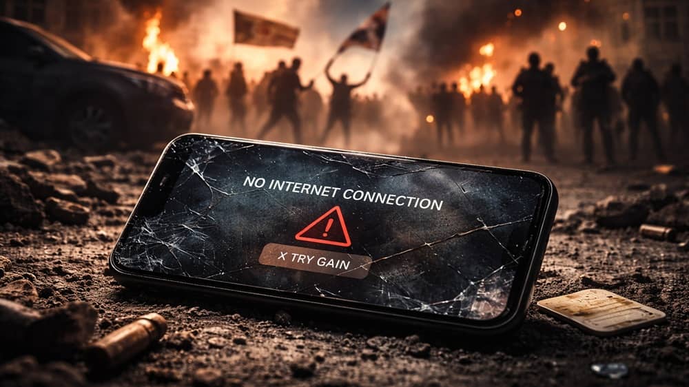A shattered smartphone lies silenced on the streets as protests rage behind it—an uprising in motion, cut off from the world by a deliberate digital blackout