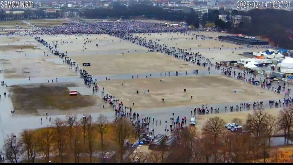 An aerial view of crowds filling Theresienwiese in Munich on Feb. 14, 2026
