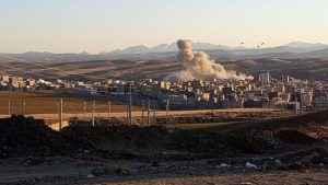 Smoke rises after airstrikes in Kermanshah, western Iran — March 2026