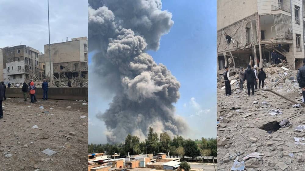 Scenes of destruction in Iran in March 2026, with damaged buildings and a large plume of smoke after reported strikes during the conflict