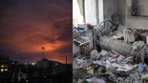 Tehran’s skyline glows under the haze of bombardment as strikes intensify across the capital, while a shattered home—its belongings buried in dust—reveals the civilian toll of the expanding war in Iran, March 2026