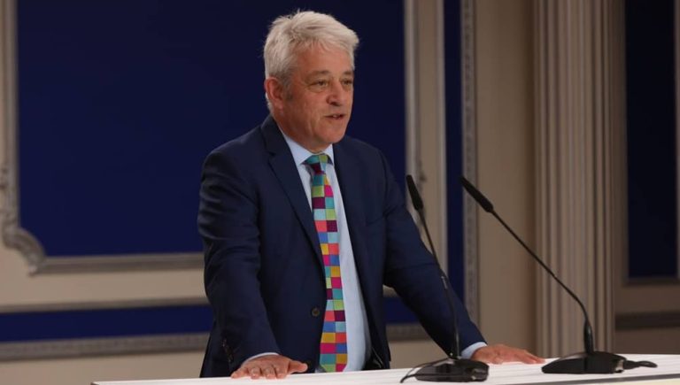 Former UK Parliament Speaker John Bercow addresses an international conference on the execution of political prisoners on April 10, 2026