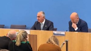 Berlin, April 23, 2026 — Reza Pahlavi speaks at a press conference in Berlin
