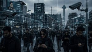 AI-generated illustration depicting the architecture of digital authoritarianism, surveillance, and internet control in Iran