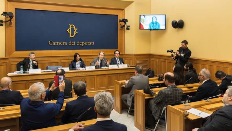 Senator Giulio Terzi speaks at a conference at the Italian parliament on May 21, 2026, with NCRI President-elect Mrs. Maryam Rajavi attending
