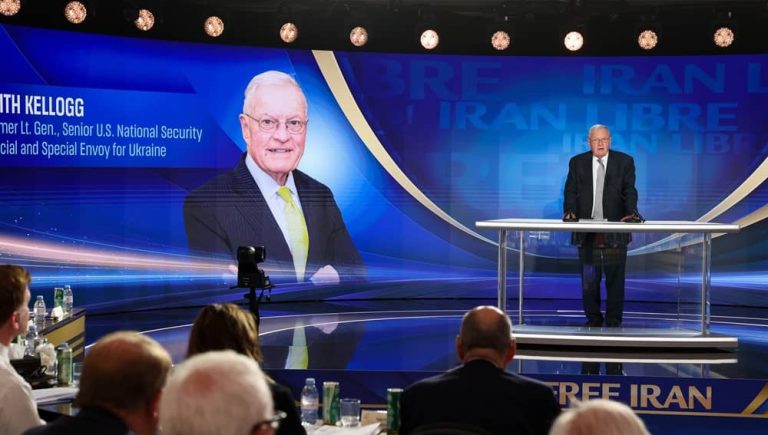 Former United States Special Envoy to Ukraine and Russia General Joseph Keith Kellogg addresses the second day of the Free Iran 2026 World Summit in Paris on June 21, 2026