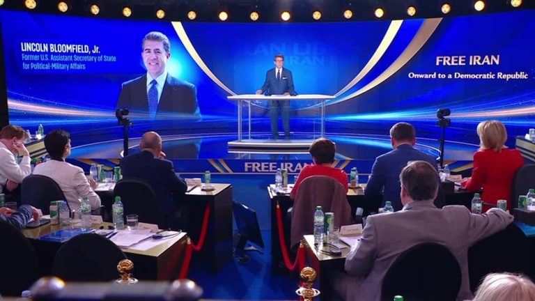 Former U.S. Assistant Secretary of State for Political-Military Affairs Lincoln Bloomfield addresses the second day of the Free Iran 2026 World Summit on June 21, 2026