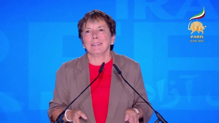 Former Bishop and Chairperson of the Evangelical Church in Germany Dr. Margot Käßmann addresses the second day of the Free Iran 2026 World Summit on June 21, 2026