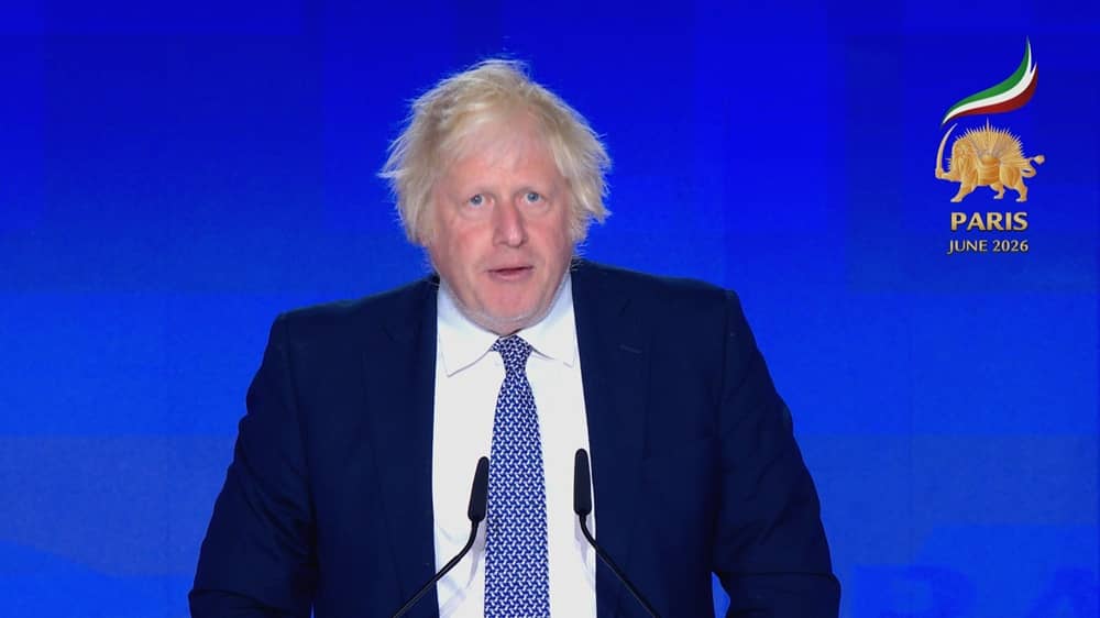 Former Prime Minister of U.K. Boris Johnson addresses the 2026 Free Iran World Summit on June 20, 2026