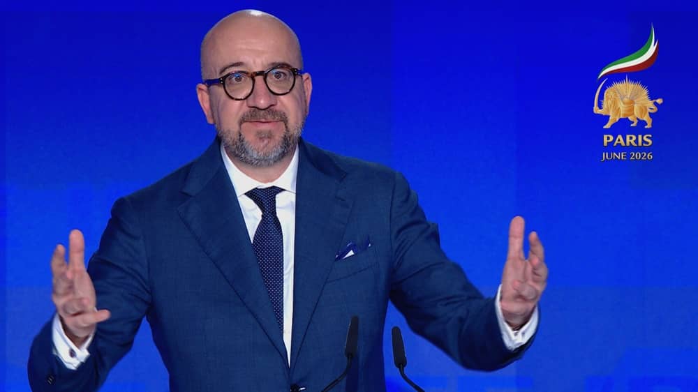 Former President of the EU Council and former Belgian PM Charles Michel addresses the 2026 Free Iran World Summit on June 20, 2026