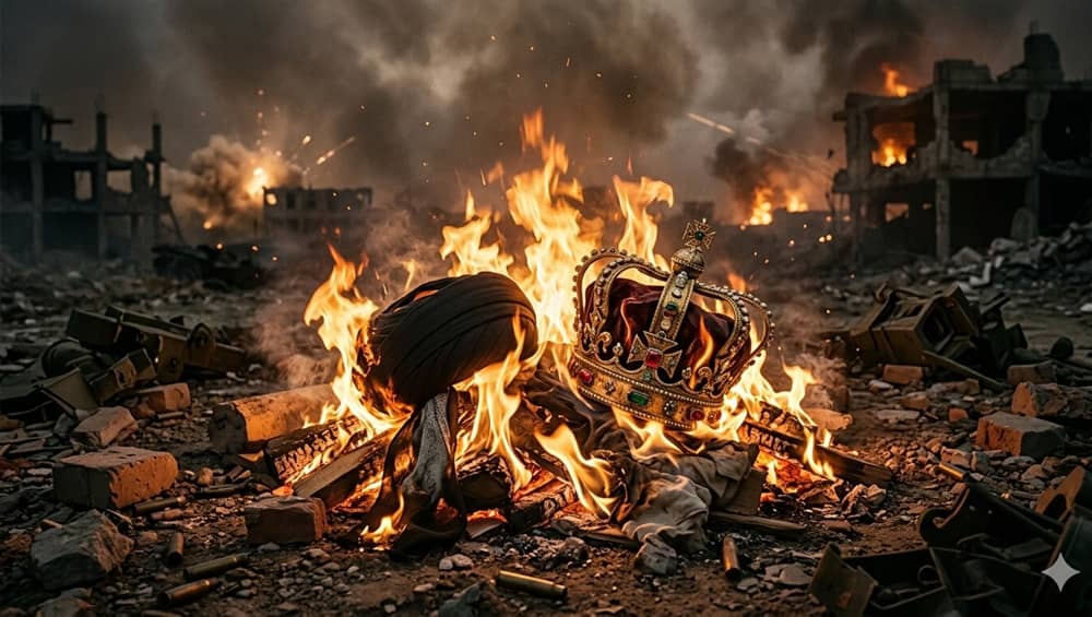 A dramatic AI-generated image depicting a crown and a turban engulfed in flames amidst the rubble of a war zone.
