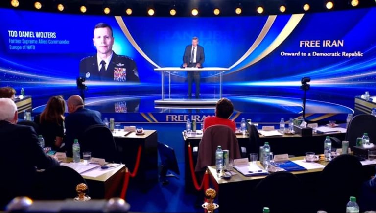Former NATO Supreme Allied Commander General Tod Wolters addresses the second day of the Free Iran 2026 World Summit on June 21, 2026