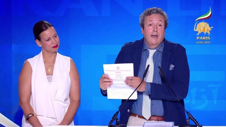 Spanish Senator Íñigo Fernández García addresses the second day of the Free Iran 2026 World Summit on June 21, 2026