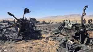 Wreckage of destroyed aircraft after Iranian state media claimed major regional strikes by the IRGC on April 5, 2026