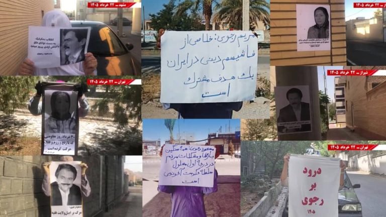 A collage of photos from across Iran in June 2026 shows MEK Resistance Units carrying placards and posting images of Iranian Resistance leadership in various cities