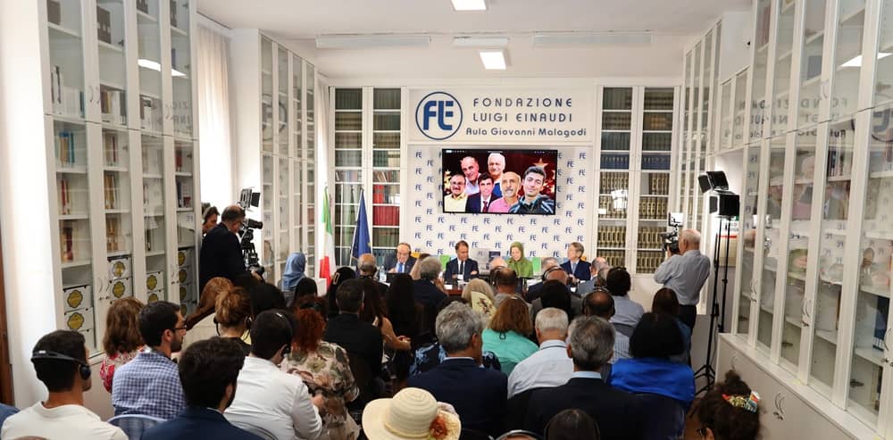 NCRI President-elect Maryam Rajavi, former New York City Mayor Rudy Giuliani, and Senator Giulio Terzi at the Luigi Einaudi Foundation on July 17, 2026