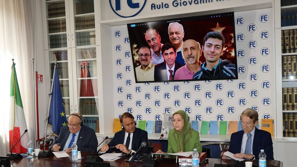 NCRI President-elect Maryam Rajavi, former New York City Mayor Rudy Giuliani, and Senator Giulio Terzi at the Luigi Einaudi Foundation on July 17, 2026