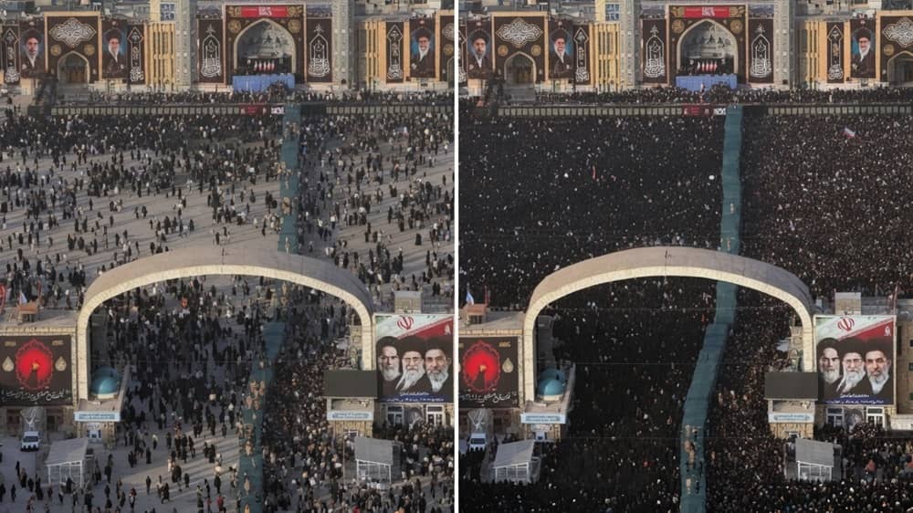 Side-by-side aerial views of the Imam Reza Shrine courtyard in Mashhad, Iran, during the state funeral events for Supreme Leader Ali Khamenei in July 2026