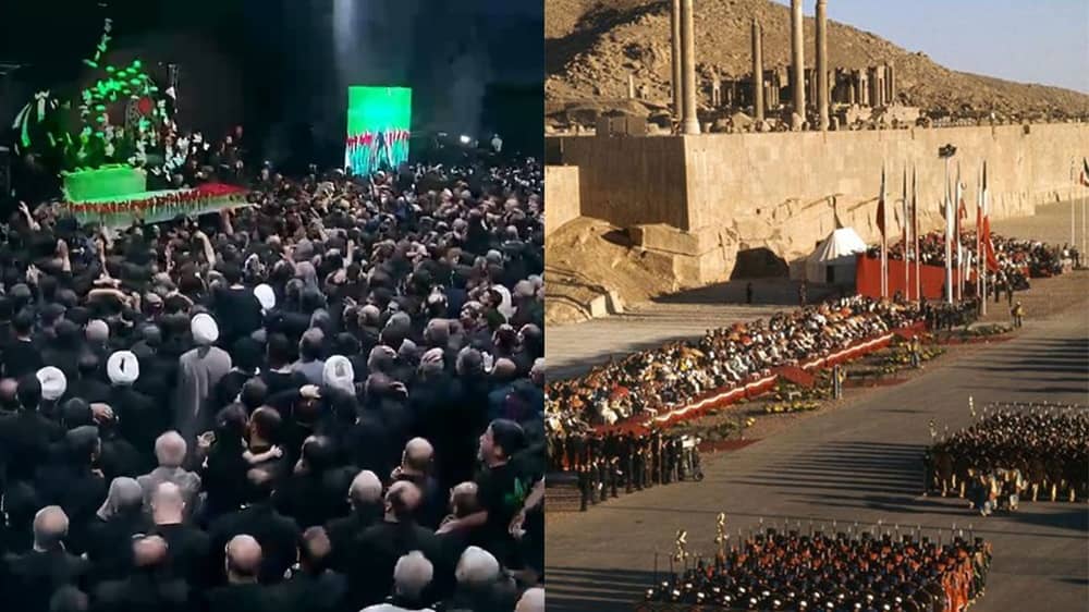 The staged clerical theatrics for Ali Khamenei's funeral (left) and the Shah's lavish Persepolis spectacle in 1971 (right)