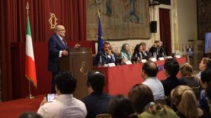 Mayor Rudy Giuliani addresses a conference at the Italian Parliament on July 16, 2026