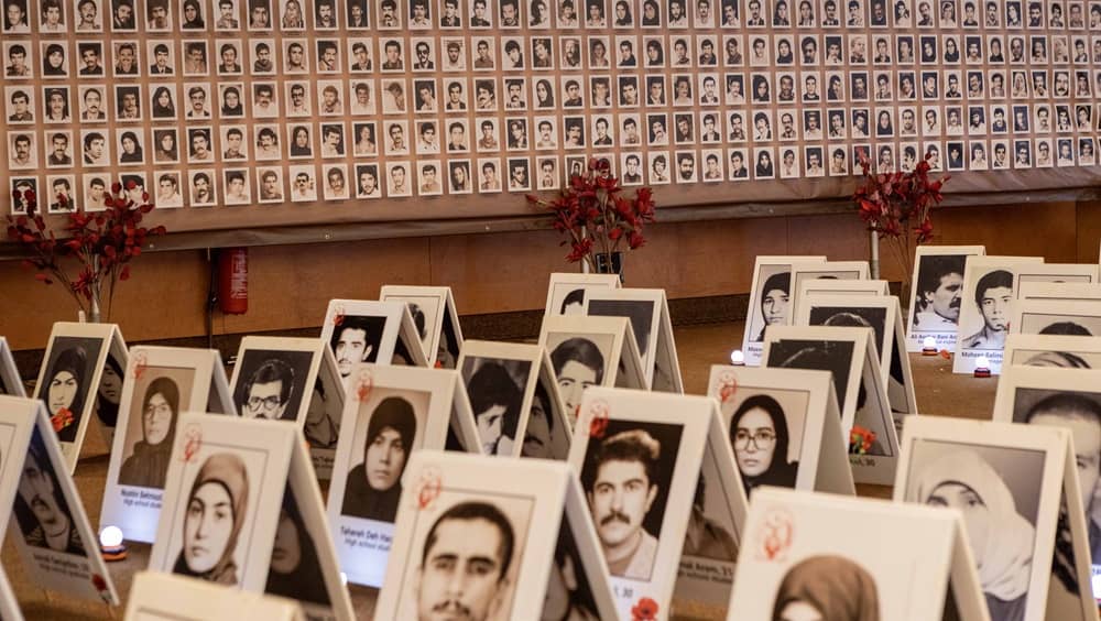 NCRI supporters stage a photo exhibition for martyrs of the 1988 massacre in Rome on July 17, 2026