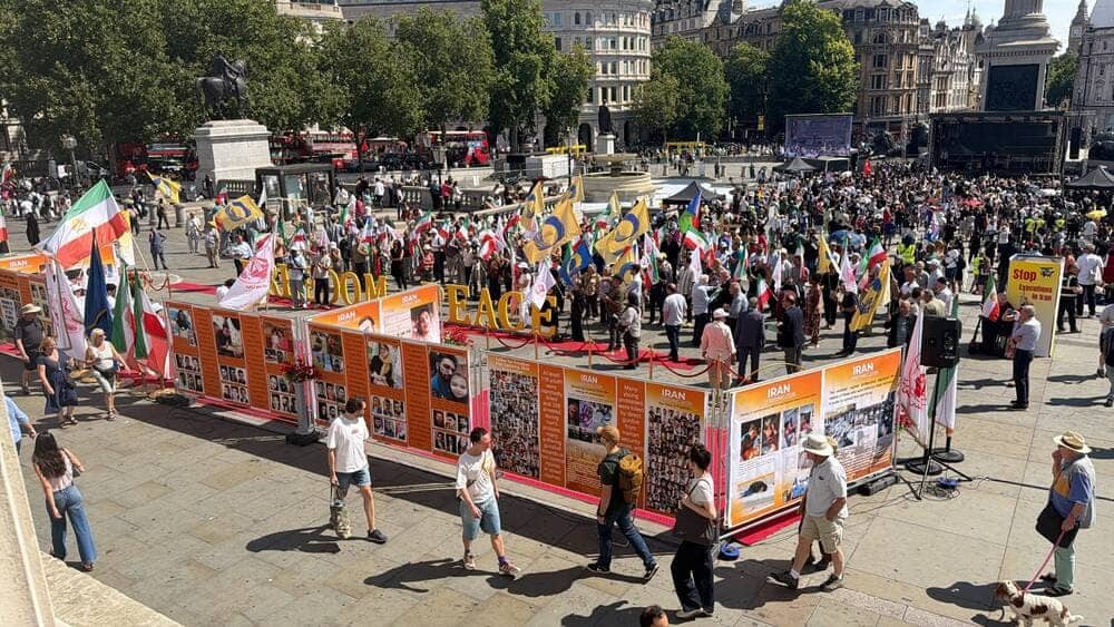 London, United Kingdom – August 1, 2026: Iranian Resistance supporters held a rally and exhibition at Trafalgar Square on Saturday, August 1, to commemorate the 38th anniversary of the 1988 massacre of 30,000 political prisoners in Iran