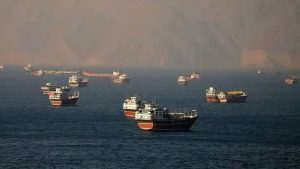 Boats navigating the Strait of Hormuz, southern Iran