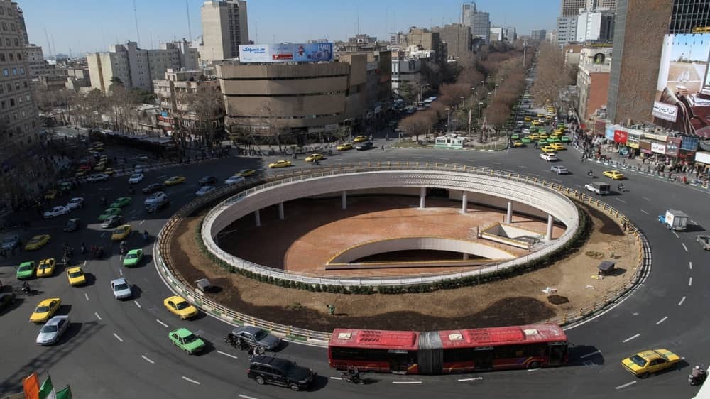 Aerial view of the busy Vali Asr Street roundabout in central Tehran, Iran