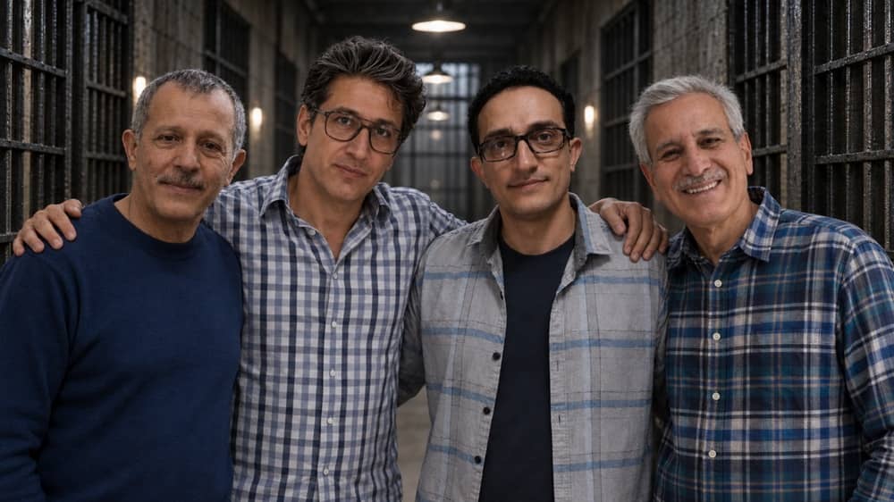 Iranian political prisoners, Khosrow Rahnama, Sepehr Emamjomeh, Akbar Bagheri and Assadollah Hadi, depicted together in a composite image created with AI from their real photographs