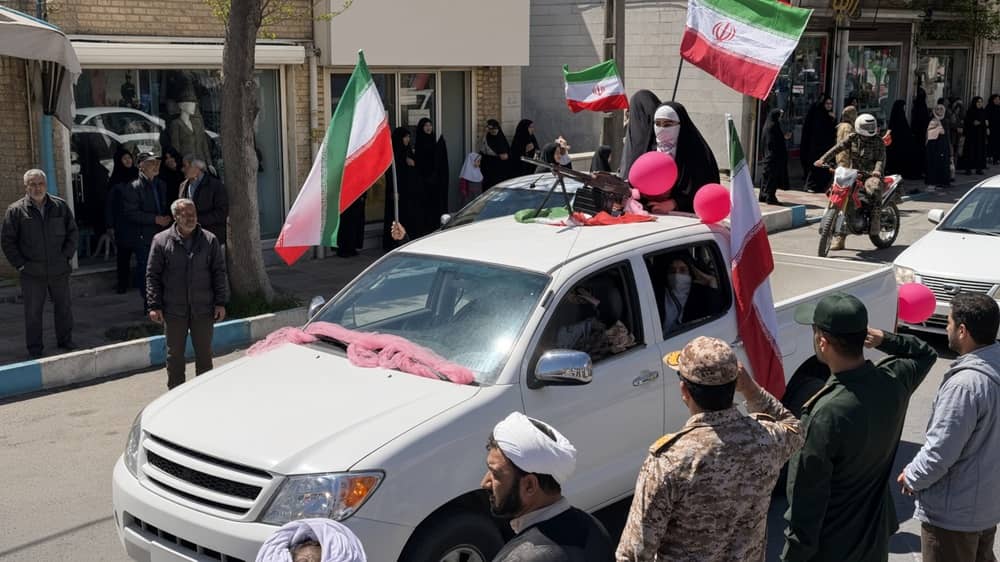 Basij-affiliated women ride a flag-draped pickup during the state-orchestrated Janfada parade in September 2026