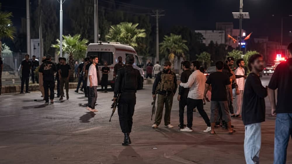 Security forces and bystanders stand near an ambulance on a street in Zahedan after an overnight armed clash on September 18, 2026