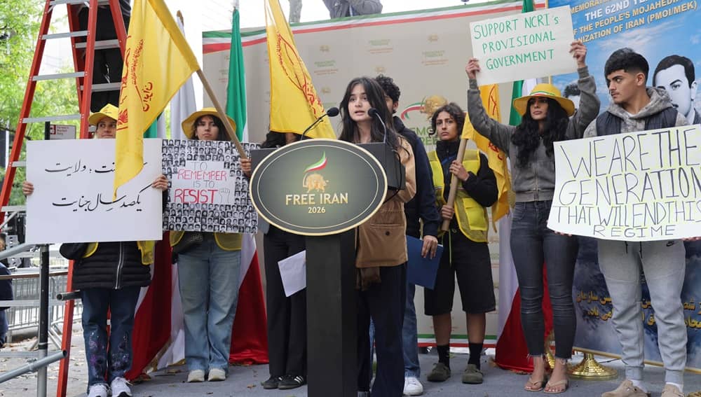 Young supporters of the Iranian Resistance took to the stage at a rally in New York on September 22, 2026, to denounce the presence of the Iranian regime's president at the UN General Assembly