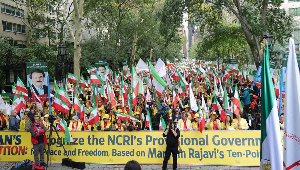 Iranians and NCRI supporters rally in New York on September 22, 2026, to protest the presence of the Iranian regime’s delegation at the UN General Assembly