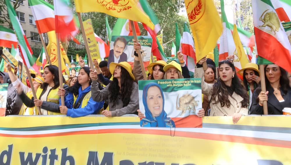 Iranians and NCRI supporters rally in New York on September 23, 2026, to protest the presence of the Iranian regime’s delegation at the UN General Assembly