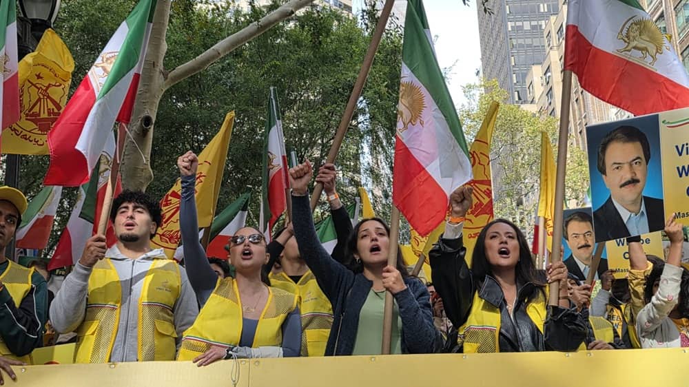 Iranians and NCRI supporters rally in New York on September 23, 2026, to protest the presence of the Iranian regime’s delegation at the UN General Assembly