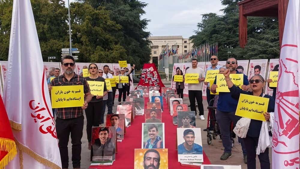 Geneva, Sept. 28, 2026: NCRI supporters held a gathering and photo exhibition outside the UN during the Human Rights Council session, honoring uprising victims and executed political prisoners in Iran