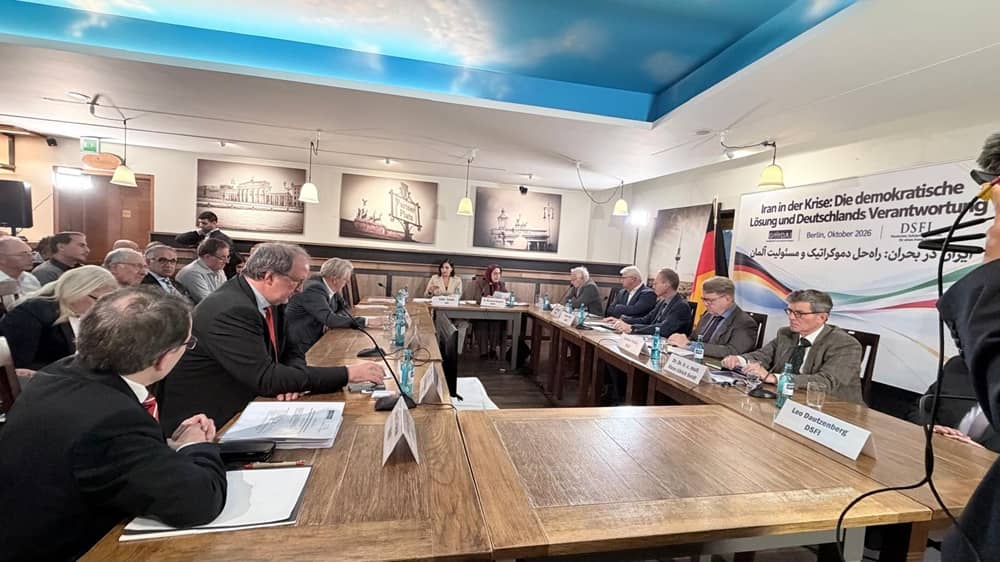 German lawmakers, former parliamentarians, diplomats, political analysts, and Iranian activists attend a conference on Iran’s political crisis in Berlin on October 14, 2026