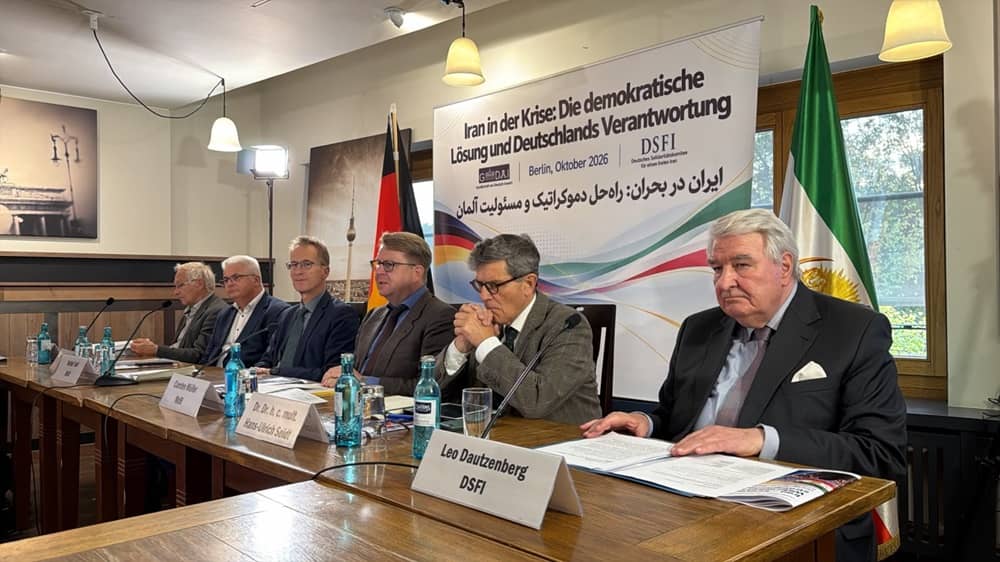 German lawmakers, former parliamentarians, diplomats, political analysts, and Iranian activists attend a conference on Iran’s political crisis in Berlin on October 14, 2026