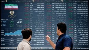 Two men check the main board at the Tehran Stock Exchange