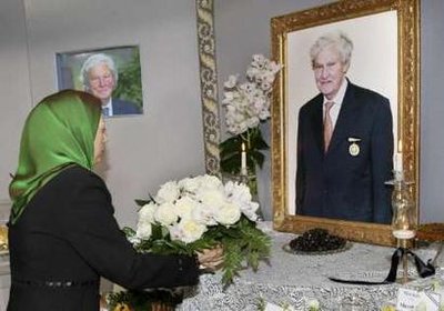 Maryam Rajavi, head of the National Council of Resistance of Iran (NCRI), pays her respects at a memorial service for Lord Slynn of Hadley, the former Judge of the European Court in Auvers- sur-Oise, a suburb of Paris April 25, 2009. Maryam Rajavi, head of the National Council of Resistance of Iran (NCRI), pays her respects at a memorial service for Lord Slynn of Hadley, the former Judge of the European Court in Auvers- sur-Oise, a suburb of Paris April 25, 2009.