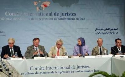 Photo: Maryam Rajavi (3rd R), head of the National Council of Resistance of Iran (NCRI), attends a news conference with members of the International Commission of Jurists Georges Henri Beauthier of Belgium, Jean-Pierre Spitzer and William Bourdon of France and Professor Eric David of Britain (L-R), in Paris July 16, 2009. Rajavi held the conference to denounce the Iranian government's handling of the post-election protests and called on western and Iranian lawyers to seek the prosecution of members of the regime. Photo: Maryam Rajavi (3rd R), head of the National Council of Resistance of Iran (NCRI), attends a news conference with members of the International Commission of Jurists Georges Henri Beauthier of Belgium, Jean-Pierre Spitzer and William Bourdon of France and Professor Eric David of Britain (L-R), in Paris July 16, 2009. Rajavi held the conference to denounce the Iranian government's handling of the post-election protests and called on western and Iranian lawyers to seek the prosecution of members of the regime.