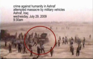 A screen grab taken from a video showing Iraqi armoured vehicles drive into crowds inside Camp Ashraf, zig-zagging from side to side and running several people down on July 28, 2009. A screen grab taken from a video showing Iraqi armoured vehicles drive into crowds inside Camp Ashraf, zig-zagging from side to side and running several people down on July 28, 2009.