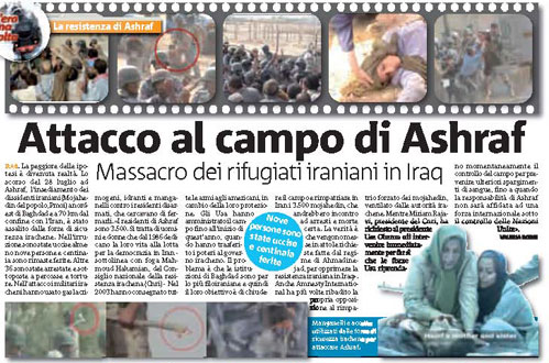 Attack on Camp Ashraf, massacre of Iranian refugee in Iraq – Report by Italian daily Attack on Camp Ashraf, massacre of Iranian refugee in Iraq – Report by Italian daily
